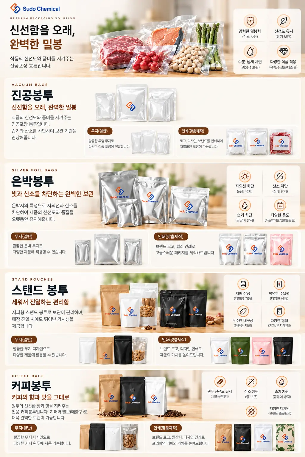 로고와 디자인을 적용할 수 있는 인쇄 진공봉투와 은박봉투 제품 안내